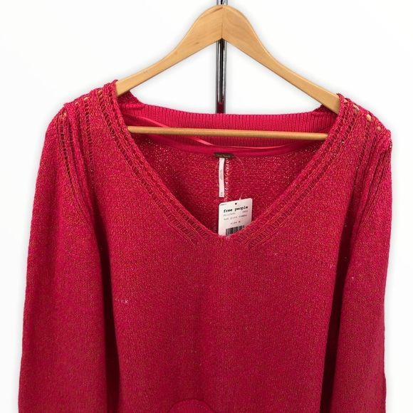 Free People Hot Pink Riptide V-Neck Knit Sweater NWT - Picture 3 of 13